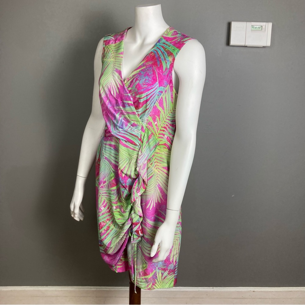 Nanette Lepore Silk Tropical Dress Sleeveless Pink Fern Print Faux Wrap Size 12 View 2